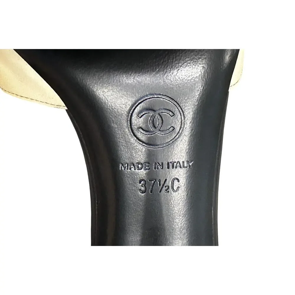 CHANEL Beige & Black Lambskin Open Toe Ankle Strap Heels Pumps Size 37.5